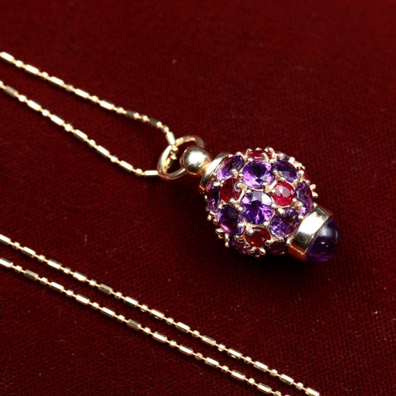 Vintage 14k Solid Gold Gemstone Pendant • Amethyst & Ruby Birthstone Necklace