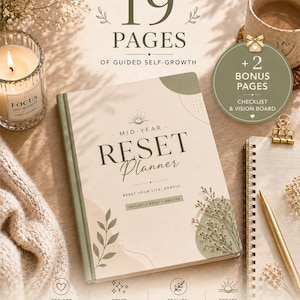 May include: A mid-year "RESET Planner" with 19 pages of guided self-growth, plus 2 bonus pages. The cover features the text "RESET Planner" and the words "REFLECT, RESET, REALIGN". A lit candle and a cup of coffee are also in the image.