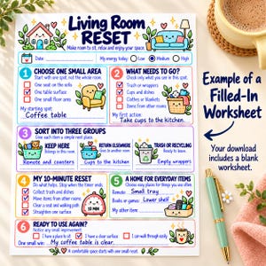 Può includere: Un foglio di lavoro Living Room Reset con illustrazioni a cartoni animati colorate, passaggi numerati da uno a sei, caselle di controllo e testo scritto a mano. Il documento include sezioni per monitorare l'energia, ordinare gli oggetti e pianificare.