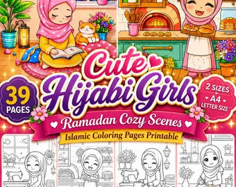 Dibujos para colorear de Ramadán para niñas con hiyab: Escenas islámicas acogedoras (Descarga en tamaño A4/Carta)