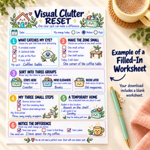以下が含まれることがあります： 「Visual Clutter RESET」というタイトルの白いワークシート。家、バスケット、コーヒーマグのカラフルなイラストが描かれています。文書には6つの番号付きセクションがあり、チェックボックスと手書き用の線、ミントグリーンのペンが添えられています。