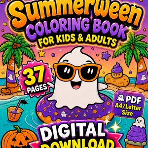 May include: A Summerween coloring book cover featuring a ghost wearing orange sunglasses in a purple donut floatie on a beach. The text reads Summerween Coloring Book For Kids & Adults, 37 Pages, PDF A4/Letter Size, and Digital Download.