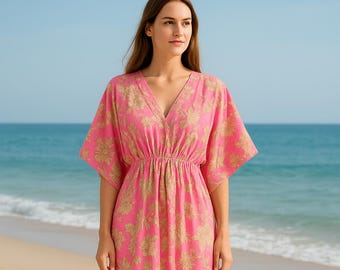 Pink Floral Cotton Kaftan Dress | Bohemian Resort Wear, One Size