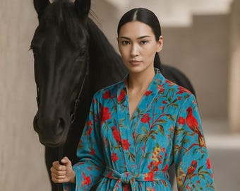 Handcrafted Reversible Velvet Kimono Robe, Turquoise Bird Print
