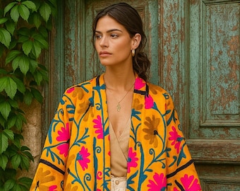 Handgeborduurd Suzani-jack | Oranje boho-katoenen jas (M–XL)