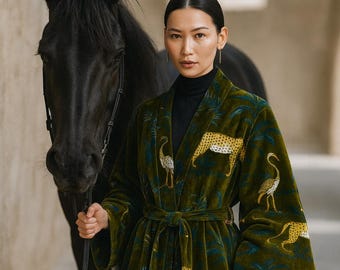 Velvet Jungle Print Reversible Kimono – Olive Green Luxury Robe