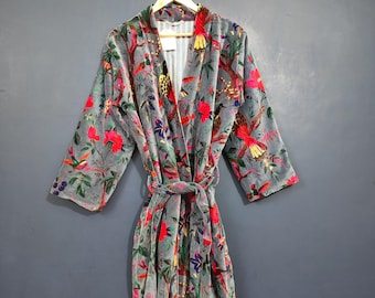 Handcrafted Reversible Velvet Kimono Robe, Turquoise Bird Print