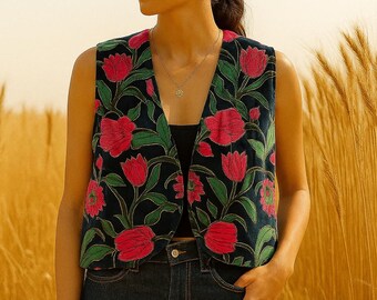 Reversible Samt Weste mit Blumen bestickt | Handgemachte Boho Weste