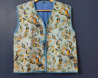 Boho Reversible Cotton Quilted Vest | Handmade Tie-Front Gilet