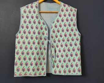 Quilted Cotton Layer Vest | Reversible Gilet Women | Boho Waistcoat | Handmade Tie Front Jacket | Quilted Vest Top
