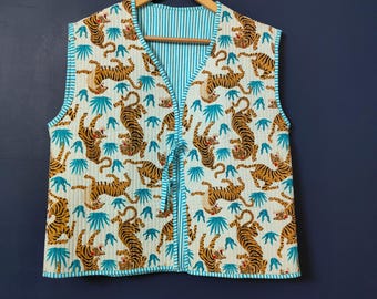Cotton Quilted Waistcoat | Reversible Vest Women | Boho Tie Front Gilet | Handmade Quilted Layer | Cotton Jacket Vest