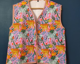 Reversible Quilted Cotton Vest | Handmade Boho Tie-Front Waistcoat