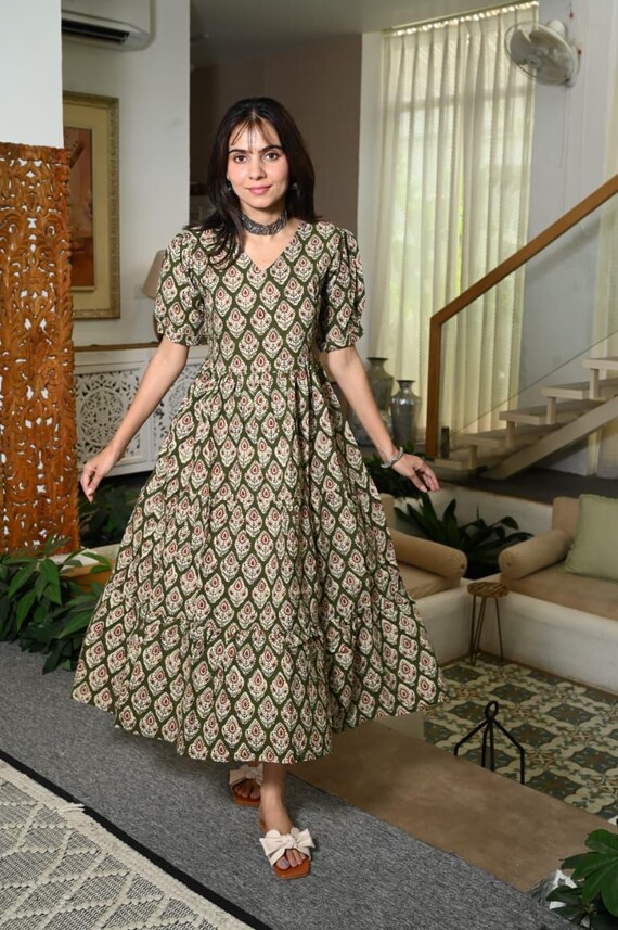 Indian Handmade Cotton Dress | Boho Style | Frill Tiered Midi Dress With  Pocket - Etsy Israel