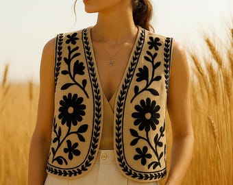 Bestickte Blumenweste, Reversible Folk Weste, Boho Hippie Style