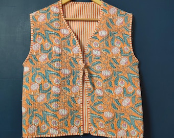 Cotton Quilted Gilet | Reversible Boho Vest | Tie Front Waistcoat | Handmade Women’s Vest | Quilted Jacket Layer