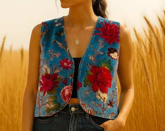 Reversible Floral Samt Weste - Handgemachte gestickte Boho Weste