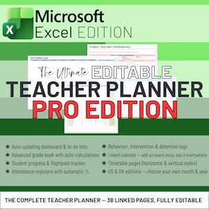 May include: A digital Microsoft Excel teacher planner featuring an editable dashboard, grade book, attendance registers, and behavior logs. The layout includes a September 2026 calendar, parent-teacher conference forms, and 38 linked, fully editable pages.