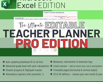 Editable Teacher Planner, Excel Gradebook, Attendance Tracker (Digital Download)