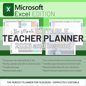 May include: A digital teacher planner for Microsoft Excel, featuring a calendar view, to-do lists, weekly pages, and meeting minutes. The planner is editable and includes a parent communication log, timetable pages, and an advanced grade book.