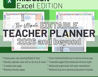 Editable Teacher Lesson Planner | Microsoft Excel, Yearly Updates (Instant Access)