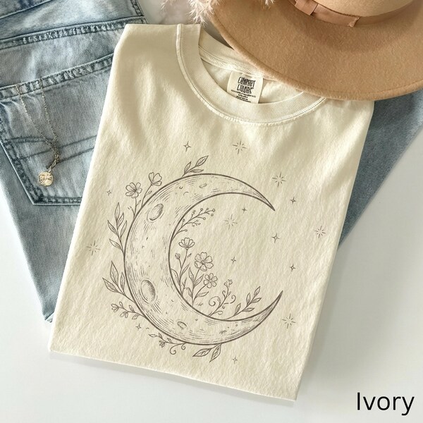Camiseta Luna Celestial, Camiseta Estética Boho, Camiseta Gráfica Luna Creciente, Camiseta Estilo Bruja, Camiseta Celestial Vintage, Camiseta Colores Cómodos