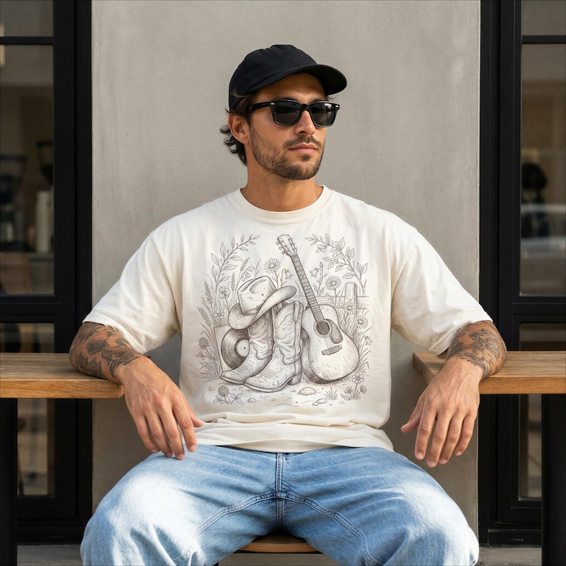 Countrymusik-T-shirt, western-outfit-T-shirt, konsertkväll-T-shirt, cowboystöveltopp, resa till Nashville-present bild 3