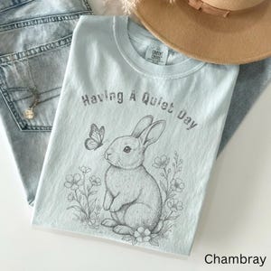 May include: A light blue t-shirt with the text "Having A Quiet Day" above a detailed illustration of a rabbit and butterfly. The shirt is made of soft material and is paired with light wash denim jeans and a tan hat.
