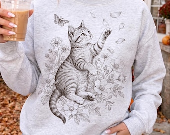 Maglietta Cozy Season, regali per amanti dei gatti, felpa autunnale con stampa floreale, abbigliamento cottagecore, moda autunnale, regali per mamme di gatti.