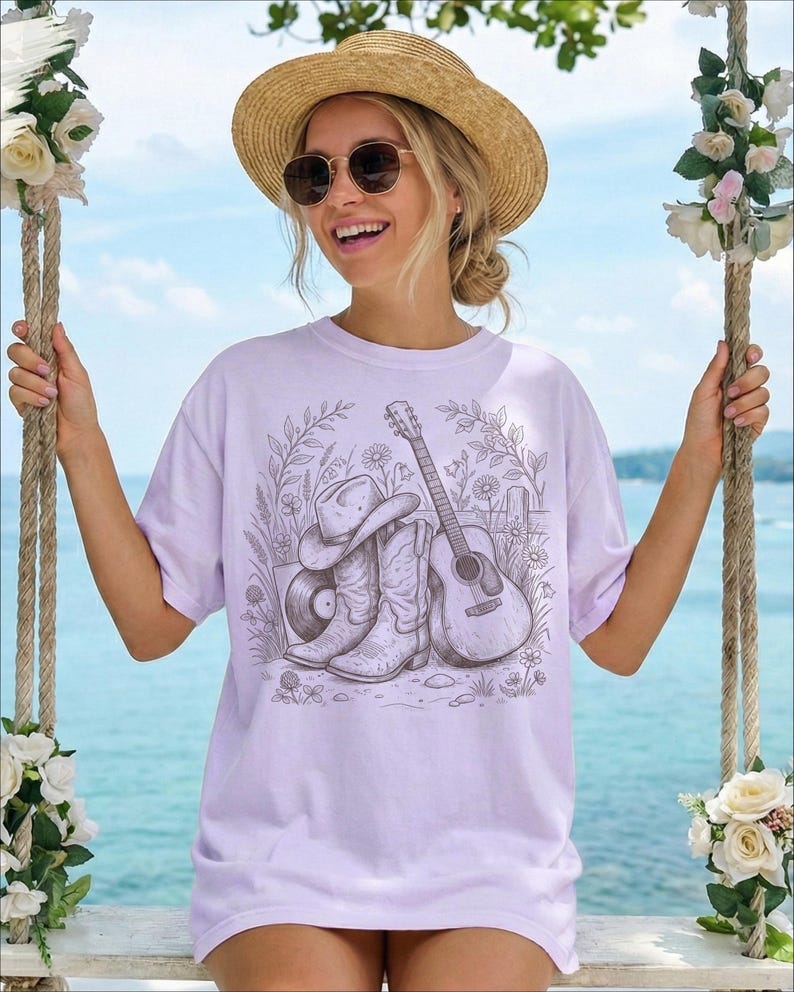 Countrymusik-T-shirt, western-outfit-T-shirt, konsertkväll-T-shirt, cowboystöveltopp, resa till Nashville-present bild 15