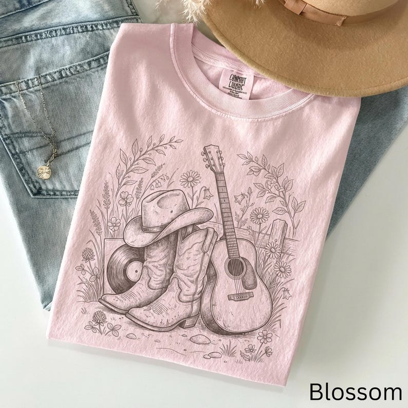 Countrymusik-T-shirt, western-outfit-T-shirt, konsertkväll-T-shirt, cowboystöveltopp, resa till Nashville-present bild 6
