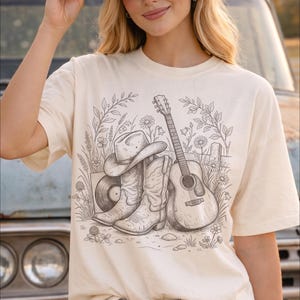 Countrymusik-T-shirt, western-outfit-T-shirt, konsertkväll-T-shirt, cowboystöveltopp, resa till Nashville-present bild 2