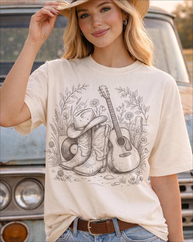 Countrymusik-T-shirt, western-outfit-T-shirt, konsertkväll-T-shirt, cowboystöveltopp, resa till Nashville-present bild 2