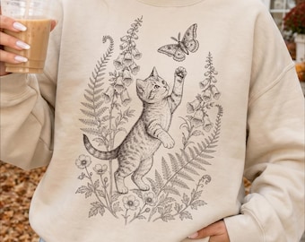 Felpa con gatto botanico, maglione con gattino in stile cottagecore, regalo per amanti dei gatti, pullover autunnale alla moda per la stagione accogliente, maglietta vintage con fiori e natura