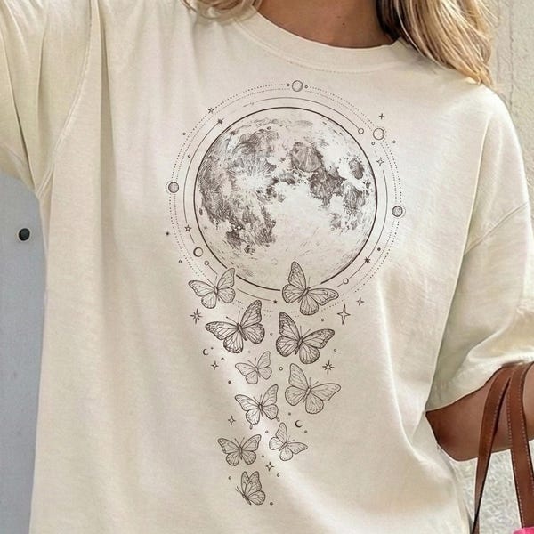 Camiseta Mariposa Lunar, Camiseta Mariposa Celestial, Camiseta con Gráfico Lunar, Camiseta Lunar Boho, Regalo Estético Mágico para Mujer