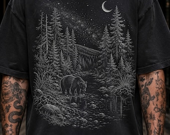 Camicia comoda per la stagione, camicia del Parco Nazionale, camicia autunnale, camicia con animali selvatici, regalo per amanti della natura, camicia da campeggio, camicia dai colori comodi in stile cottagecore scuro
