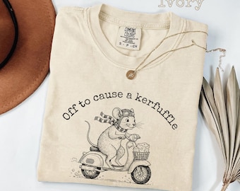 Comfort Colors Funny Mouse Shirt Off to Cause a Kerfuffle, Cute Animal Scooter Tee, Quirky Humor Gift for Animal Lovers
