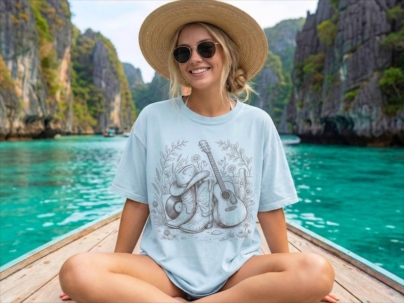 Countrymusik-T-shirt, western-outfit-T-shirt, konsertkväll-T-shirt, cowboystöveltopp, resa till Nashville-present bild 13