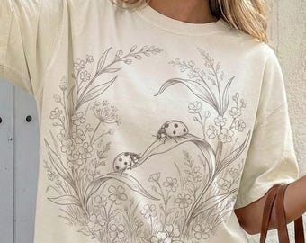 Ladybug Shirt, Ladybug Tee, Flower Shirt, Floral Shirt, Cottagecore Shirt, Nature Shirt, Garden Shirt, Comfort Colors Tee, Summer Shirt