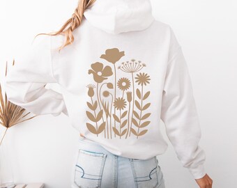 Felpa con cappuccio con motivo floreale • Stampa minimalista di fiori selvatici sul retro • Grazioso maglione botanico • Felpa con cappuccio unisex con estetica naturalistica