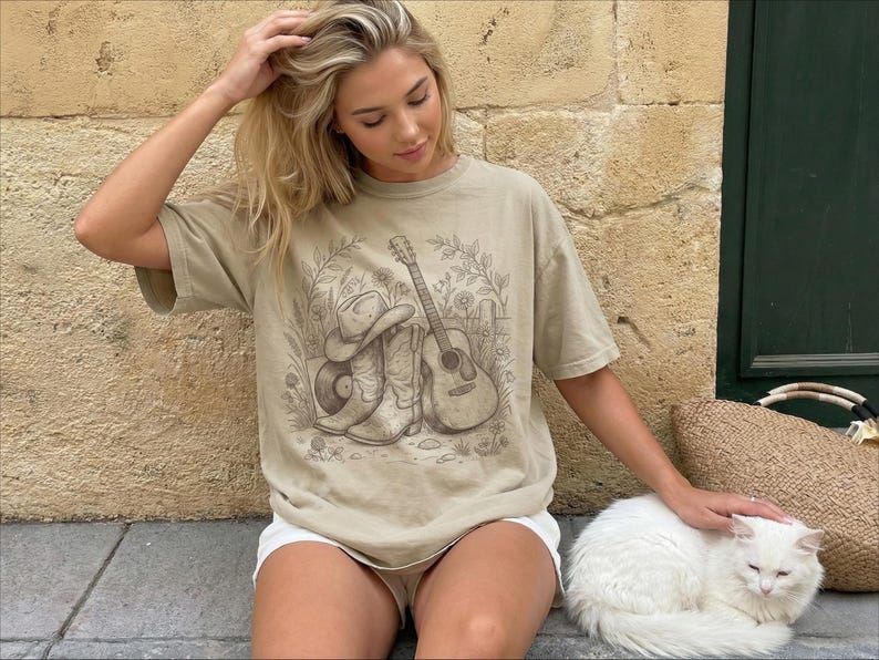 Countrymusik-T-shirt, western-outfit-T-shirt, konsertkväll-T-shirt, cowboystöveltopp, resa till Nashville-present bild 5