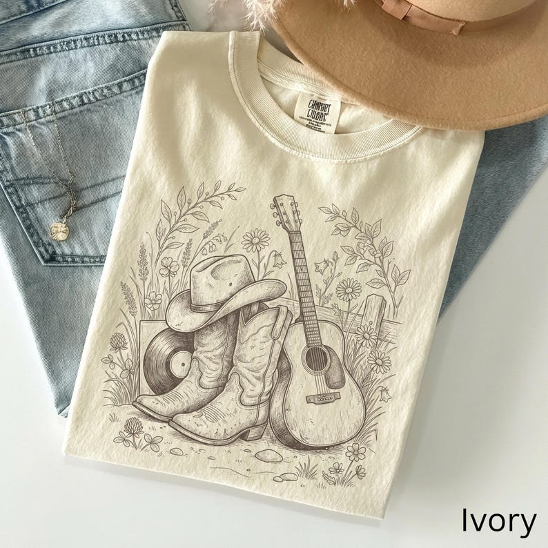 Countrymusik-T-shirt, western-outfit-T-shirt, konsertkväll-T-shirt, cowboystöveltopp, resa till Nashville-present bild 1