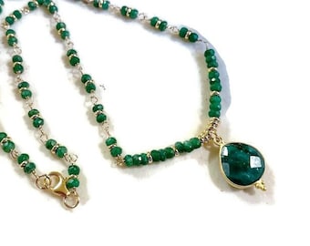 Emerald Necklace - May Birthstone - Green Jewellery - Gold Jewelry - Gemstone - Gift - Pendant - Beaded - Wire Wrapped - Luxe - Carmal