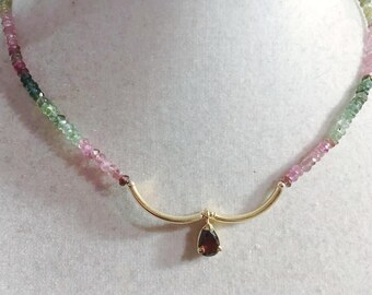 Watermelon Tourmaline Beaded Necklace – Green Pink Gemstone, 17 Inch