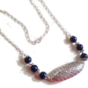 Lapis ketting - Marineblauwe sieraden - Sterling zilveren sieraden - Verklaring - Edelsteen - Chunky - Ketting - Hanger - Draad gewikkeld