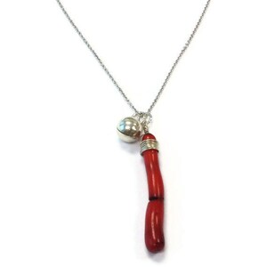 Op de afbeelding: Een zilveren ketting met een rode koraal hanger en een zilveren bel bedel.