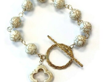 White Turquoise Bracelet Yellow Gold Jewelry Quatrefoil Jewellery Charm Natural Gemstone Handmade Graduation