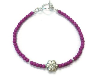 Pink Bracelet - Turquoise Gemstone Jewellery - Sterling Silver Jewelry - Fuschia - Magenta - Flower - Layer - Stack - Skinny B-287 288