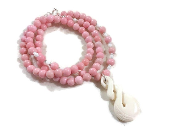 Pink Necklace - Sterling Silver Jewelry - Long - Howlite Gemstone Jewellery - beaded - White Coral Pendant