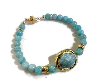 Amazonite Bracelet - Blue Jewelry - Gold Jewellery - Gemstone - Magnetic Clasp - Beaded - Luxe - JewelrybyCarmal - Handmade - Gift