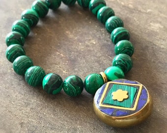 Malachite Bracelet - Green Jewelry - Beaded Jewellery - Charm - Gold - Gemstone